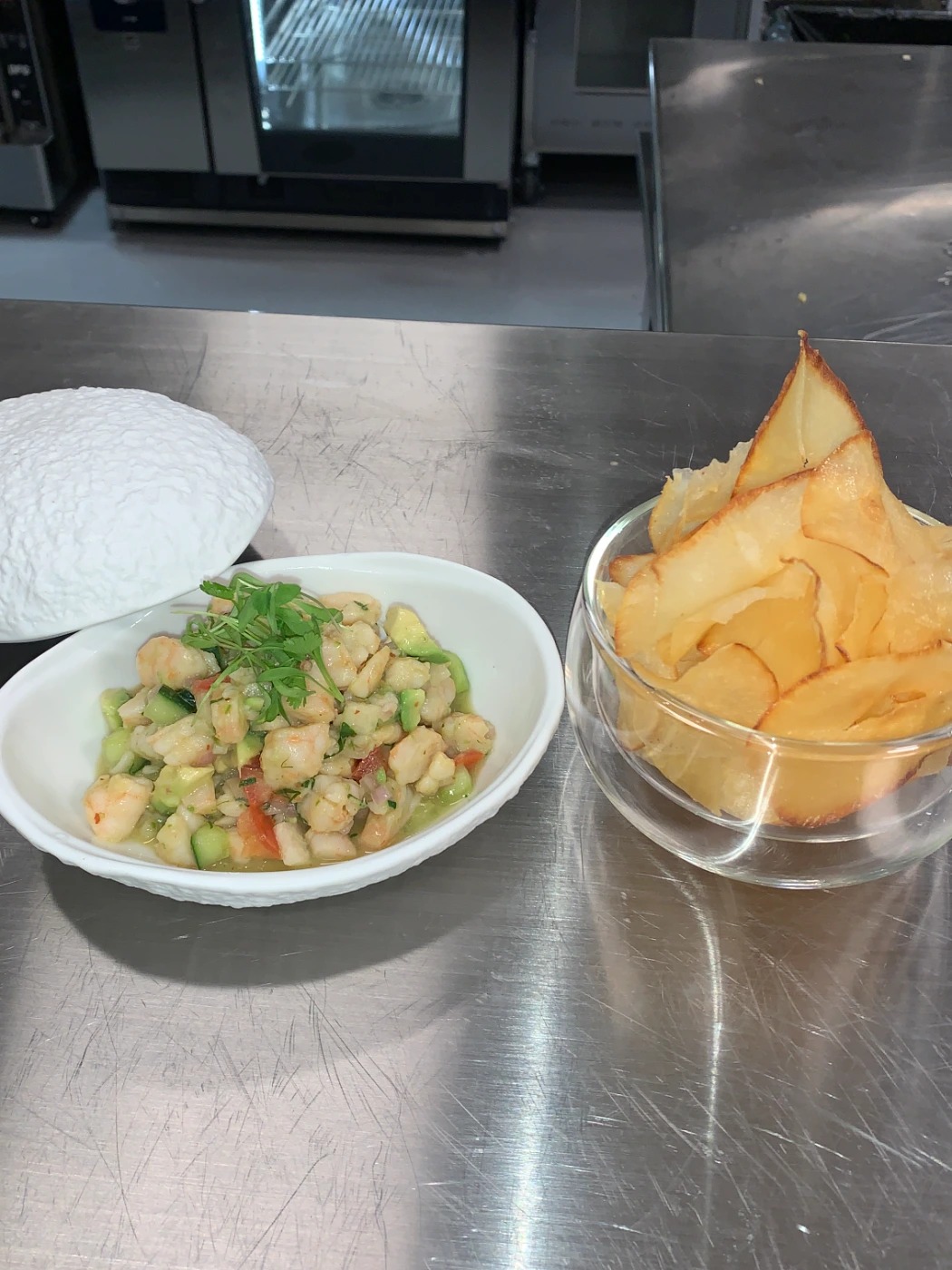 shrimp ceviche, yuca chips.JPG shrimp ceviche, yuca chips.JPG