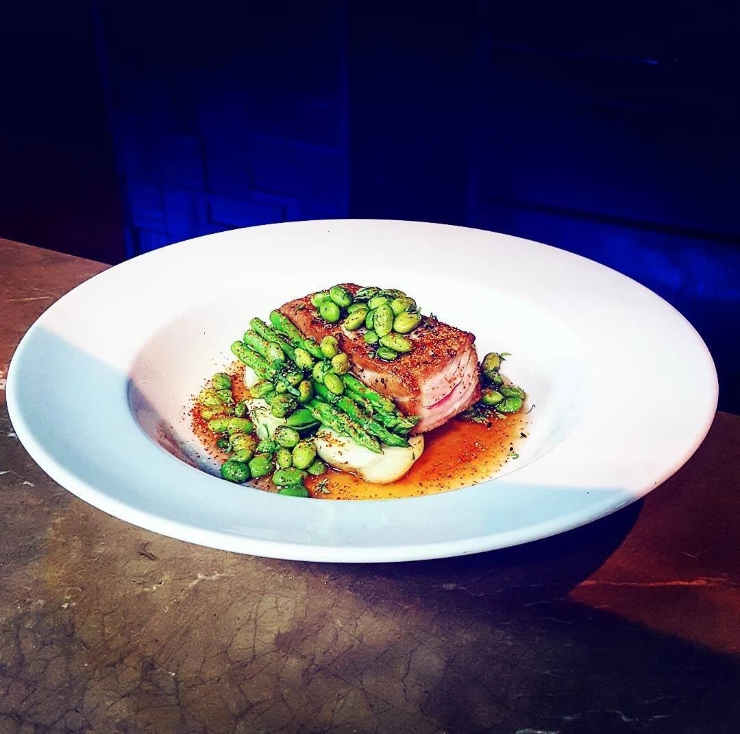 Tuna Tataki with Aigre Dolce ponzu, Edamame, Bok Choi, asparagus and togarashi.jpg