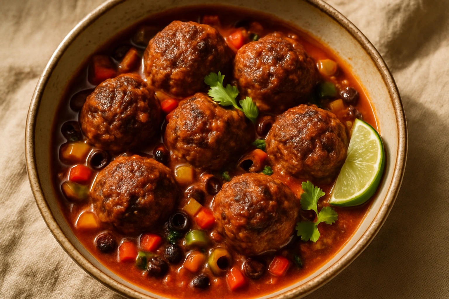 a-realistic-close-up-overhead-shot-of-picadillo-meatballs-served-in-a-shallow-ceramic-bowl-juicy-meatballs-simmered-in-a-rich-tomato-based-sauce-with-diced-peppers-onions-olives-and-raisins-the-colors-deep-and-rust.png a-realistic-close-up-overhead-shot-of-picadillo-meatballs-served-in-a-shallow-ceramic-bowl-juicy-meatballs-simmered-in-a-rich-tomato-based-sauce-with-diced-peppers-onions-olives-and-raisins-the-colors-deep-and-rust.png