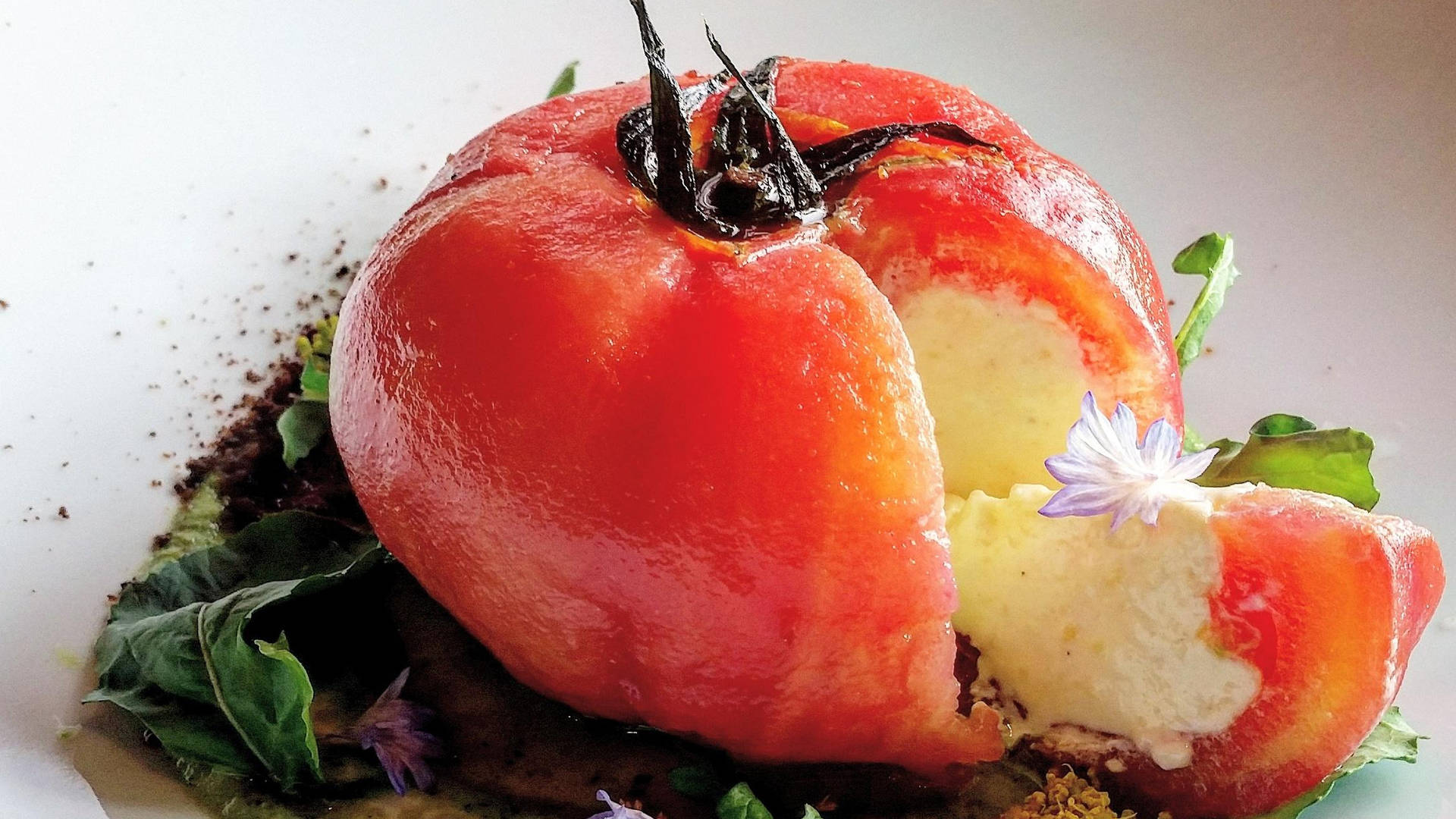 Tomato stuffed with burrata cheese served on basil pesto and black olive powder.jpeg