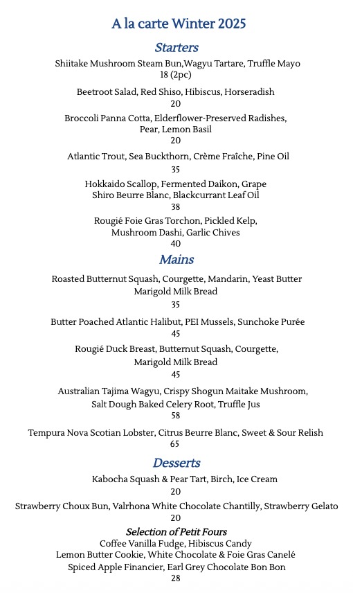 A La Carte Menu - Winter 2025
