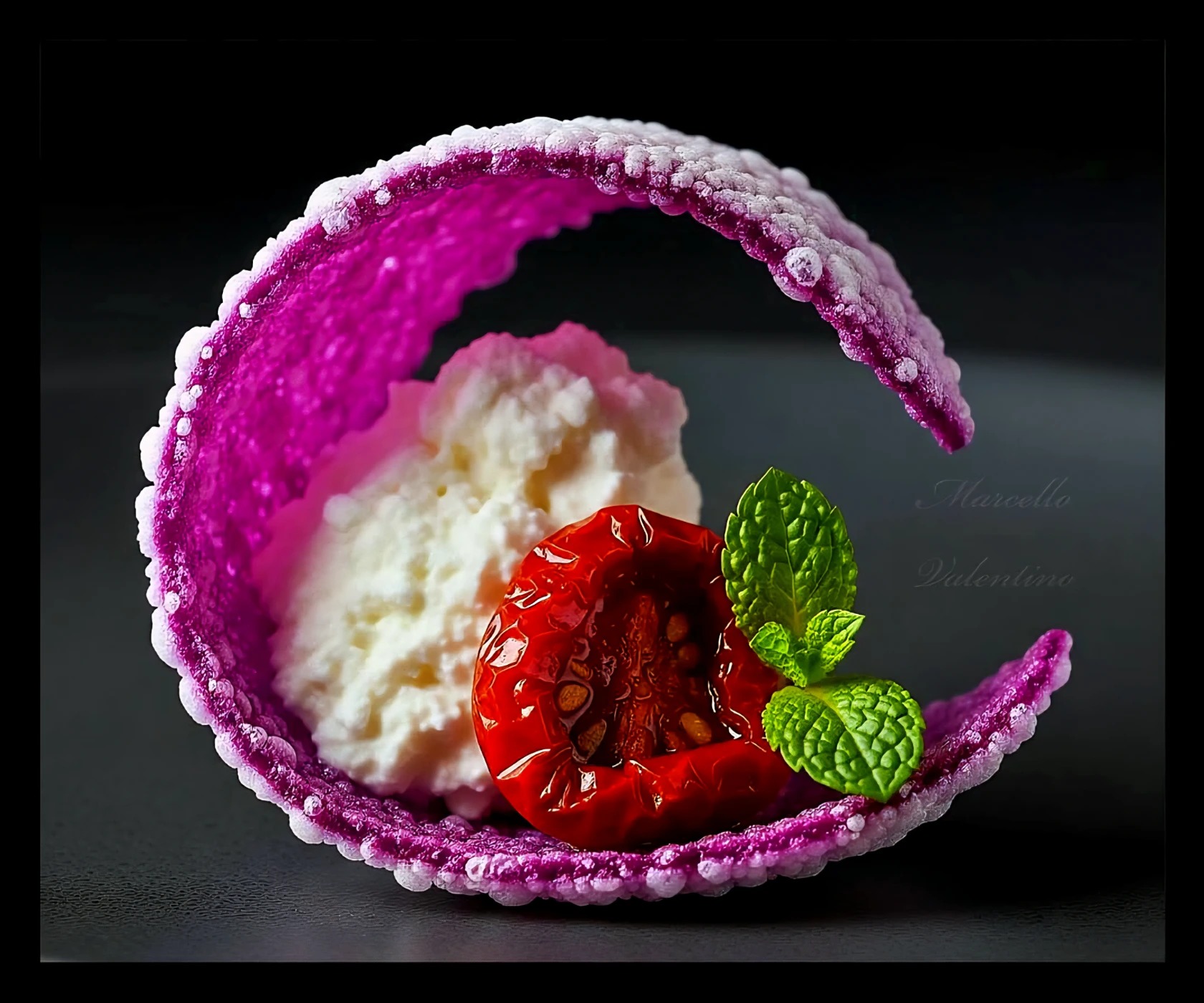 Coccole…La semplicità è l’anima del successo.Nuvola di ricotta di pecora agrumata con pomodorino.jpg