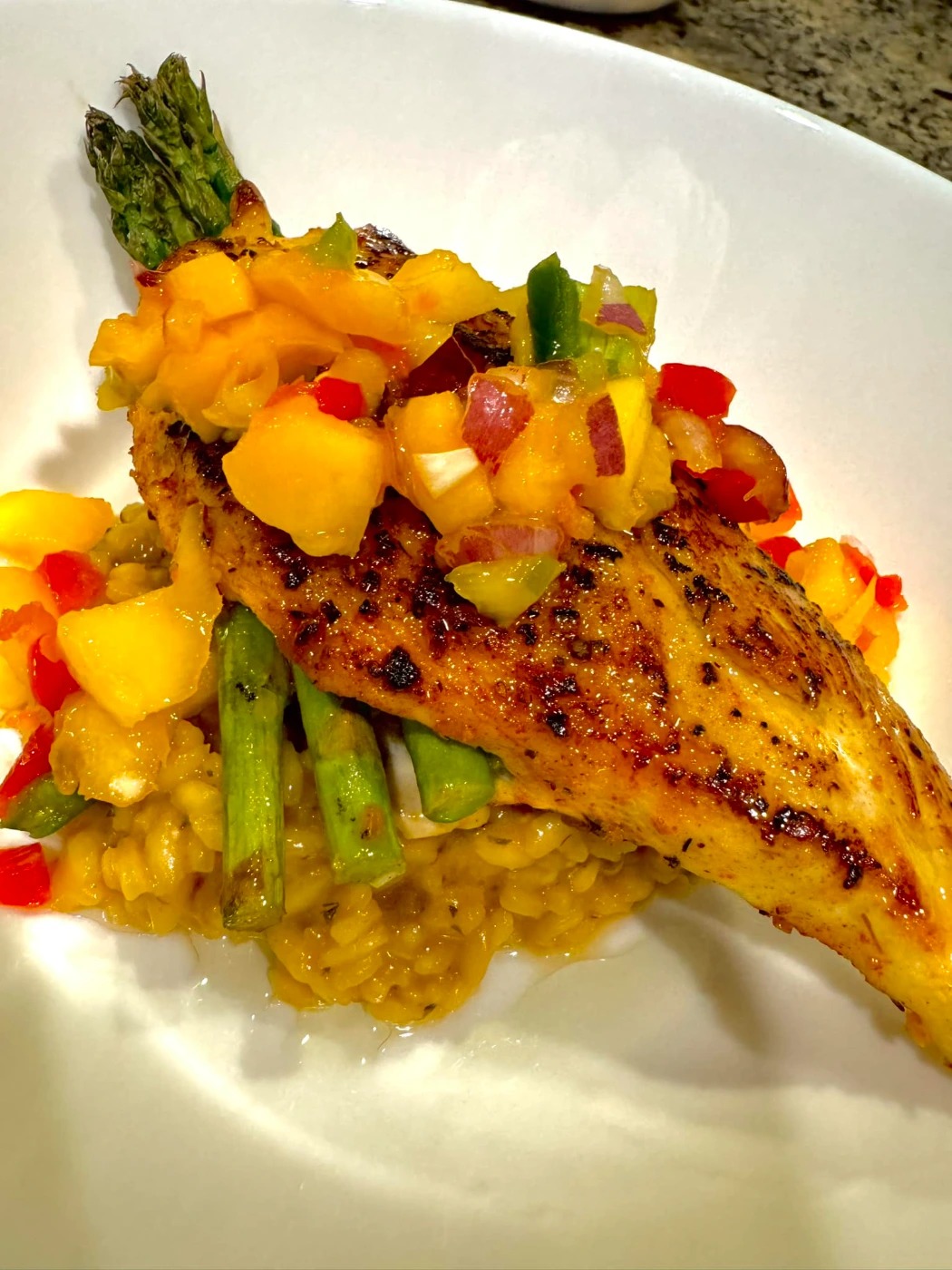 Ginger garlic butter rice, chicken asparagus with mango salsa.jpg