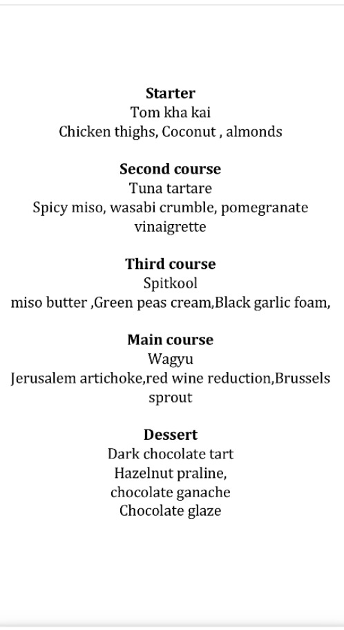 Seasonal menu