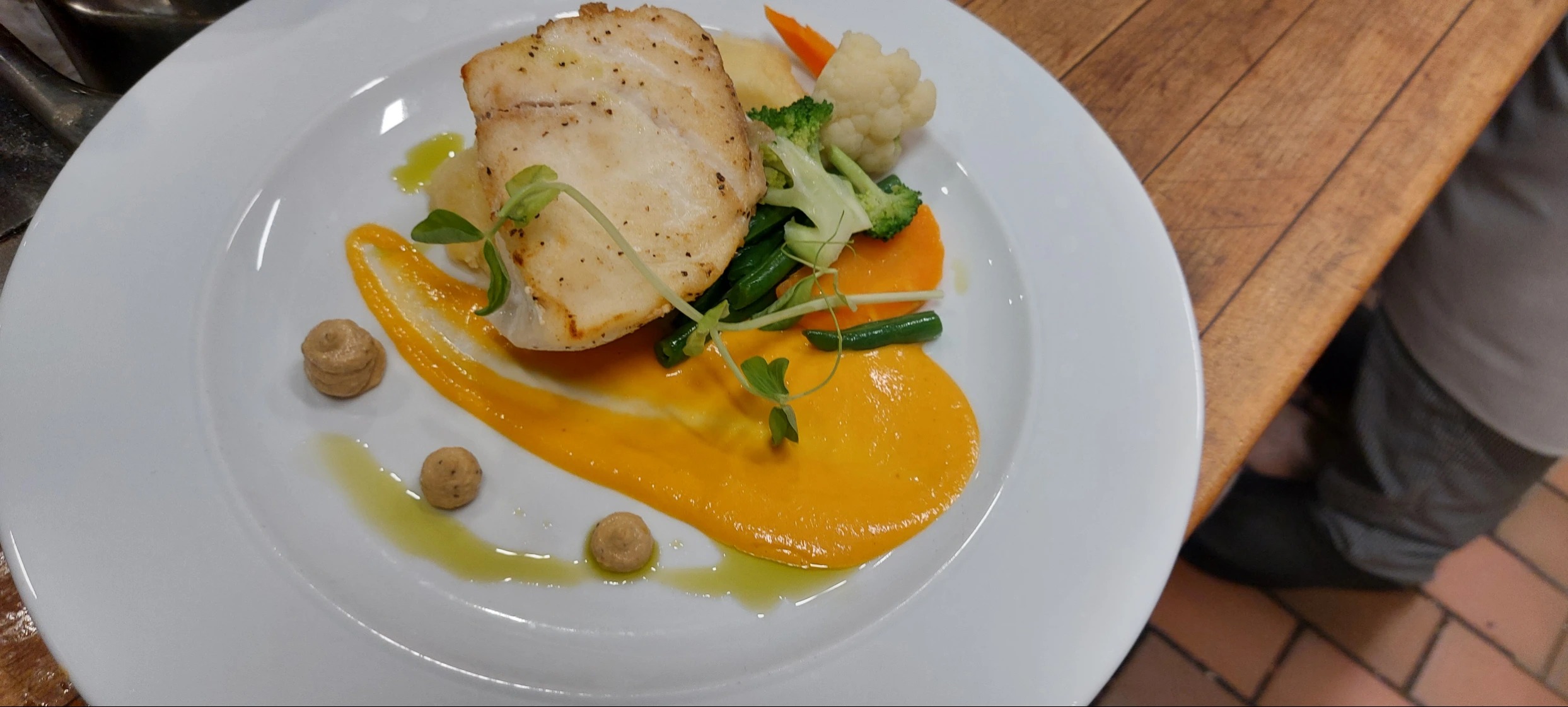 Atlantivc Halibut, ,Ginger carrot Pruee Eggplant.jpg Atlantivc Halibut, ,Ginger carrot Pruee Eggplant.jpg