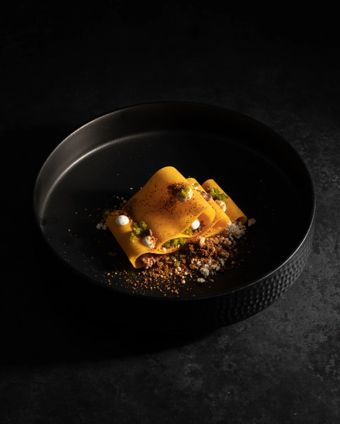 Pumpkin, walnut gunpowder, walnut cream, fermented cilantro, charcoal feta.jpg