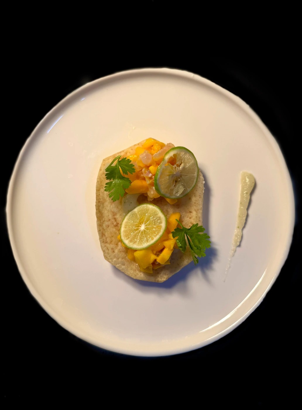 Tostada d'igname, tartare de mérou & mangue, mousse coco-igname, coriandre & citron, pickles de piment rouge.jpg