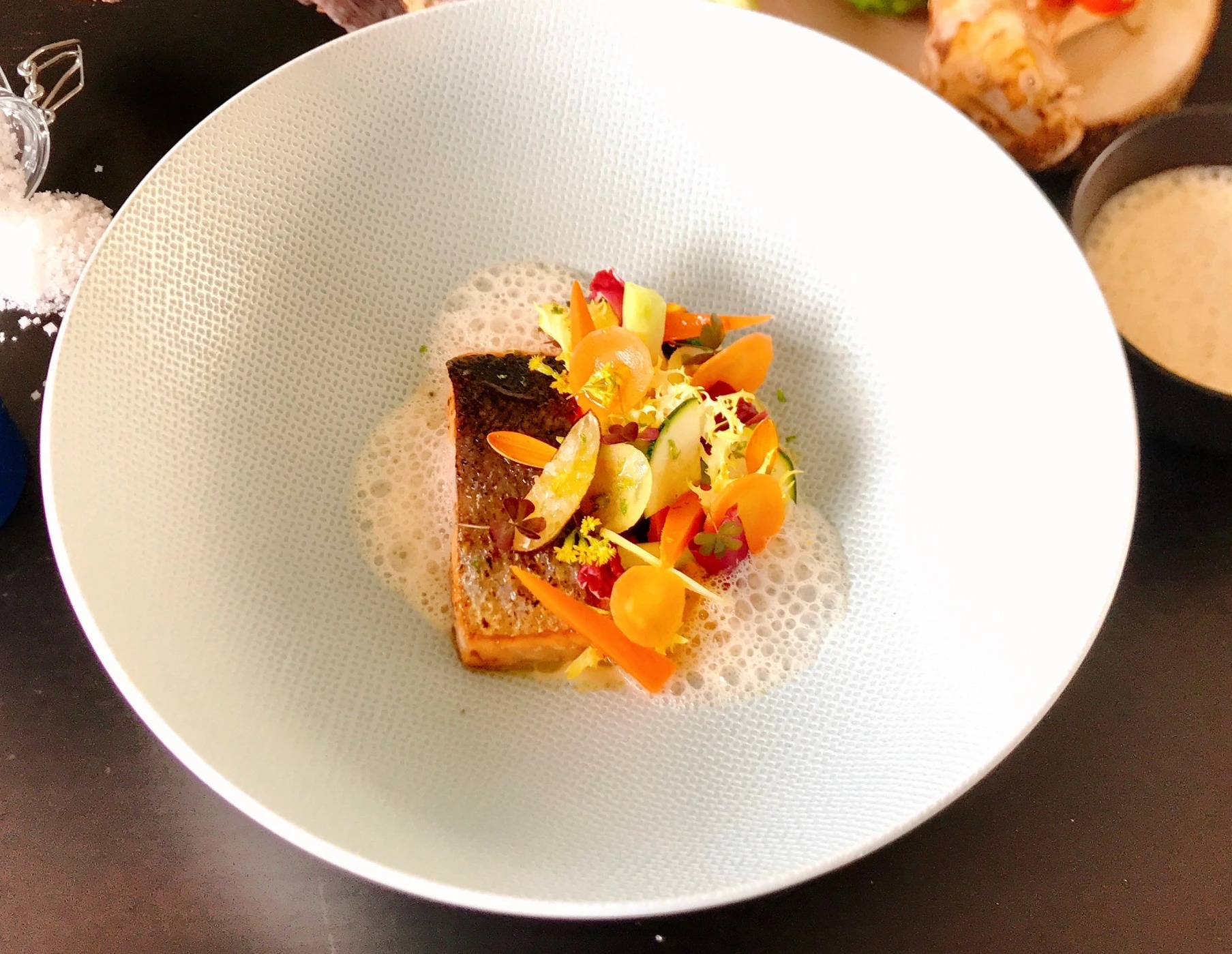 salmon ginger foam, citron caviar, crunchy vegetables .jpg