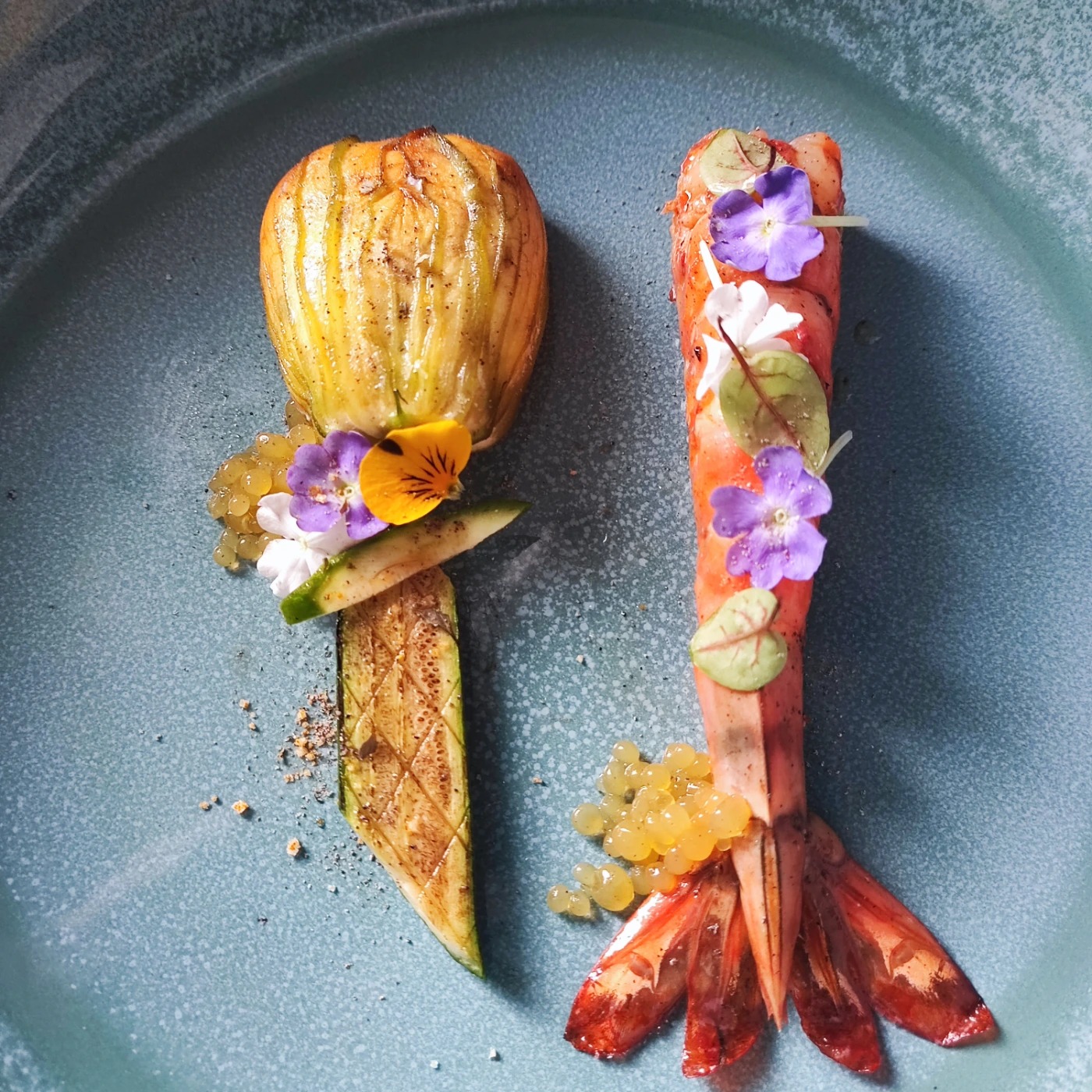 Stuffed courgette flower, mango caviar, gambas.jpg