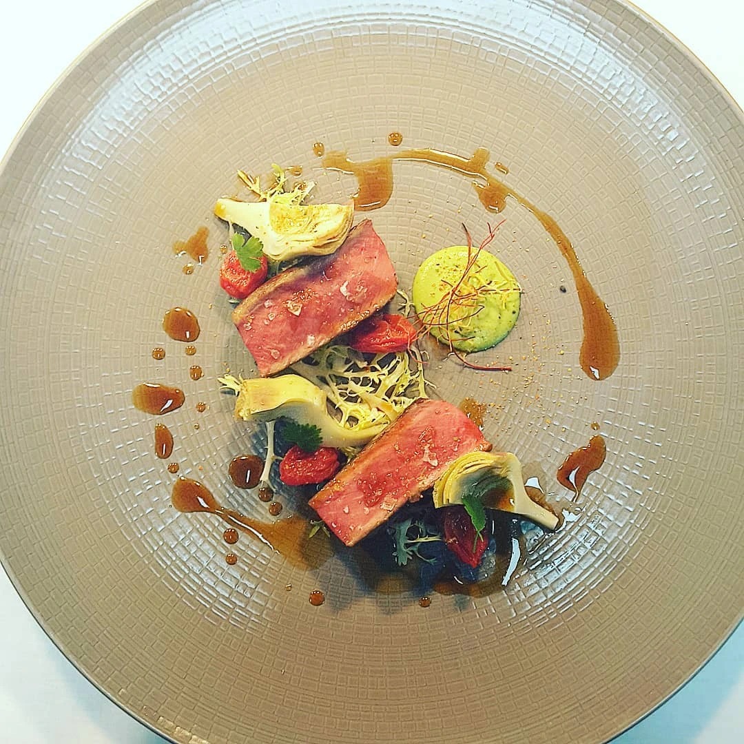 Lamb, artichokes, confit tomato, frisee salad, leek puree, juniper jus.jpg Lamb, artichokes, confit tomato, frisee salad, leek puree, juniper jus.jpg