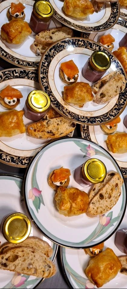 Duck sausage roll - Home made pate - home cured salmon, spicy cream cheese and blini.JPG