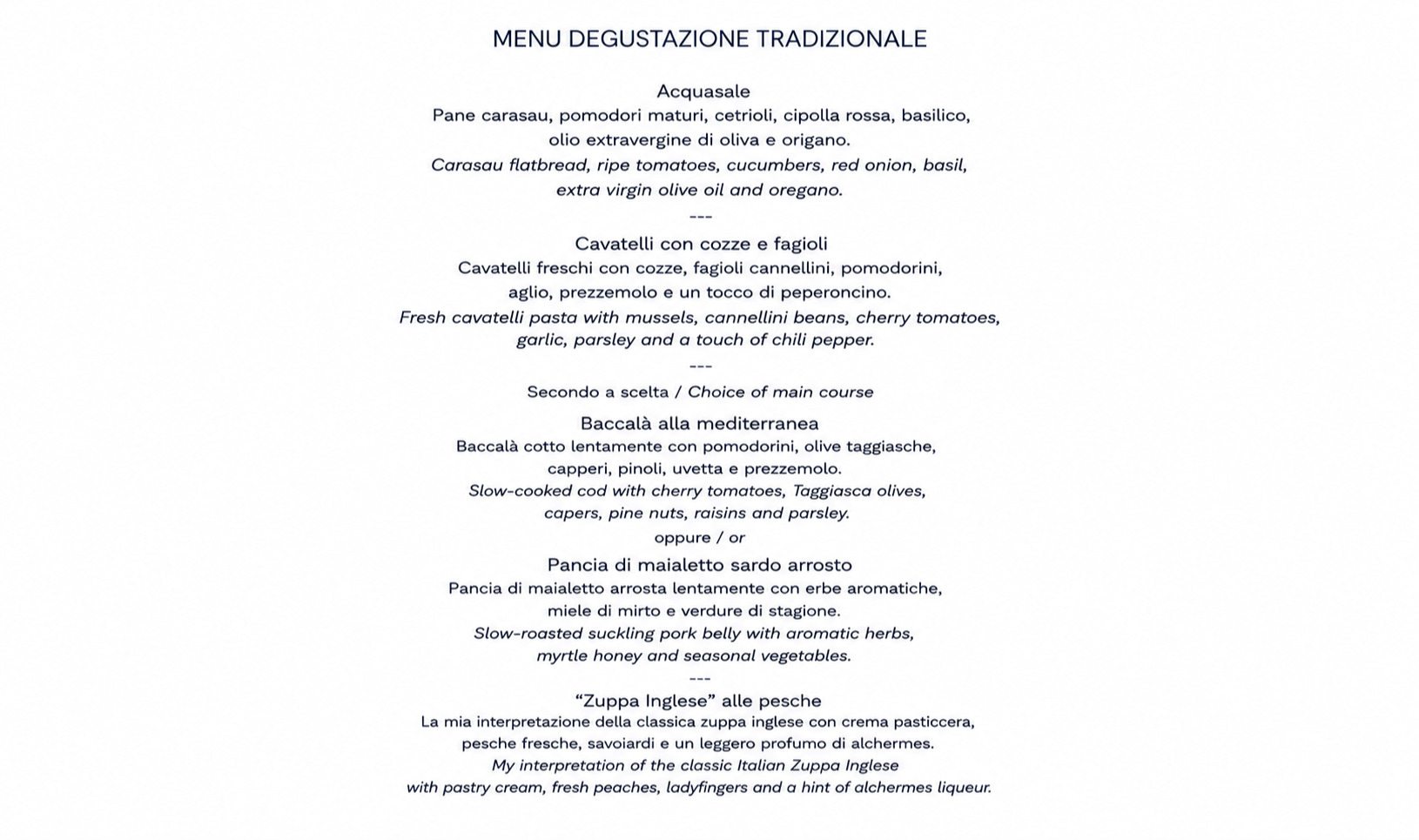 Menu "TRADIZIONE" secondo lo chef