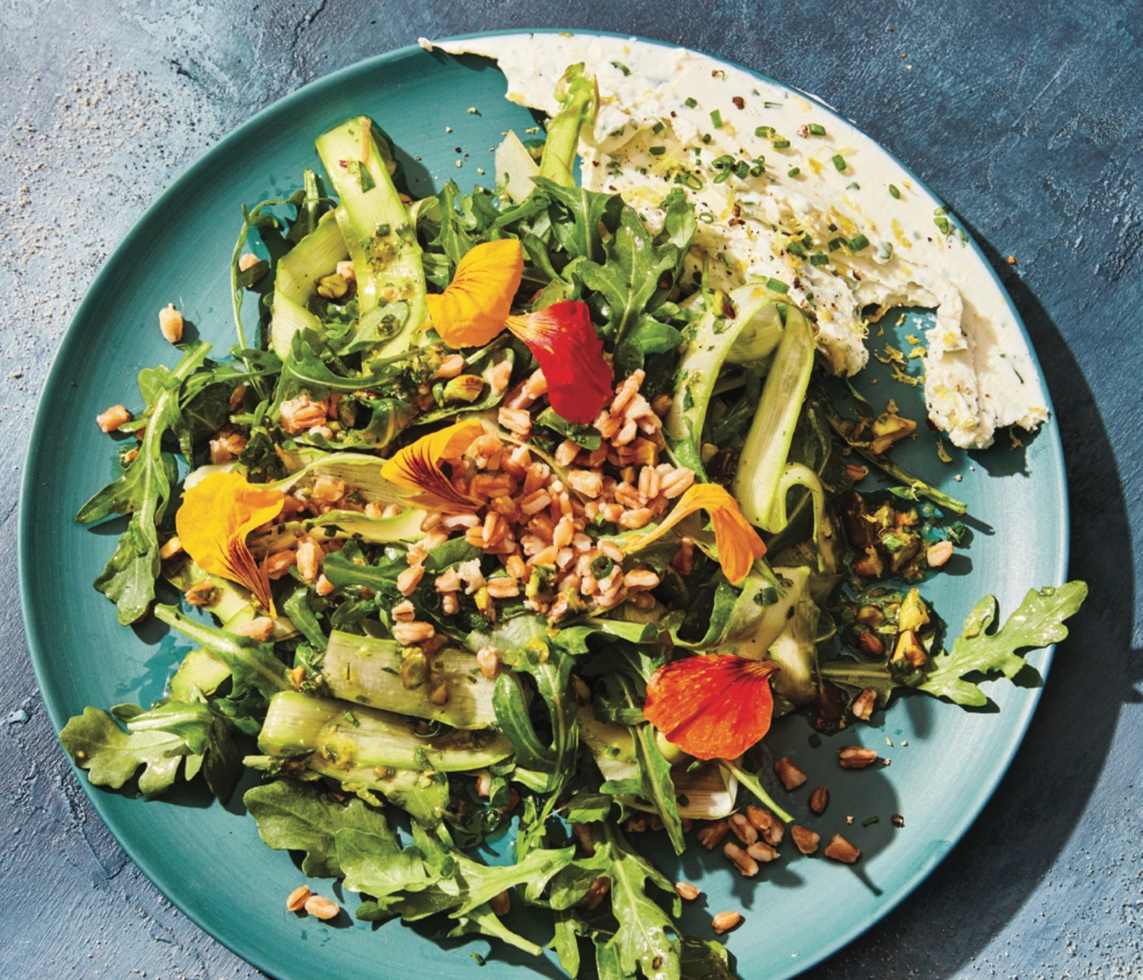 Arugula,shaved asparagas,flavored labneh,farro.png Arugula,shaved asparagas,flavored labneh,farro.png