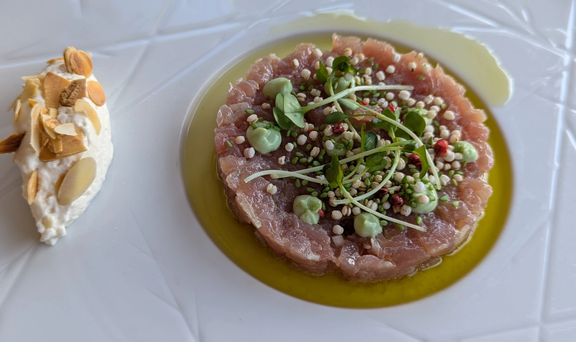 White tuna tartare, almond cream, greek olive oil, puffed seeds.jpg