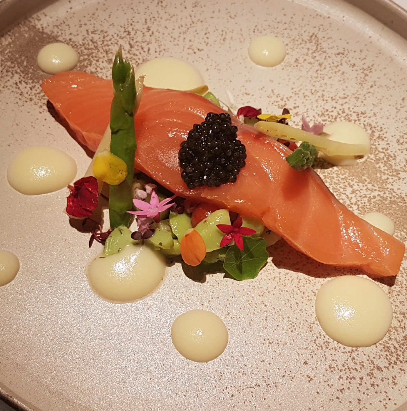 Half cooked marinated Salmon, Corn Emulsion, avocado and flowers salad.jpg