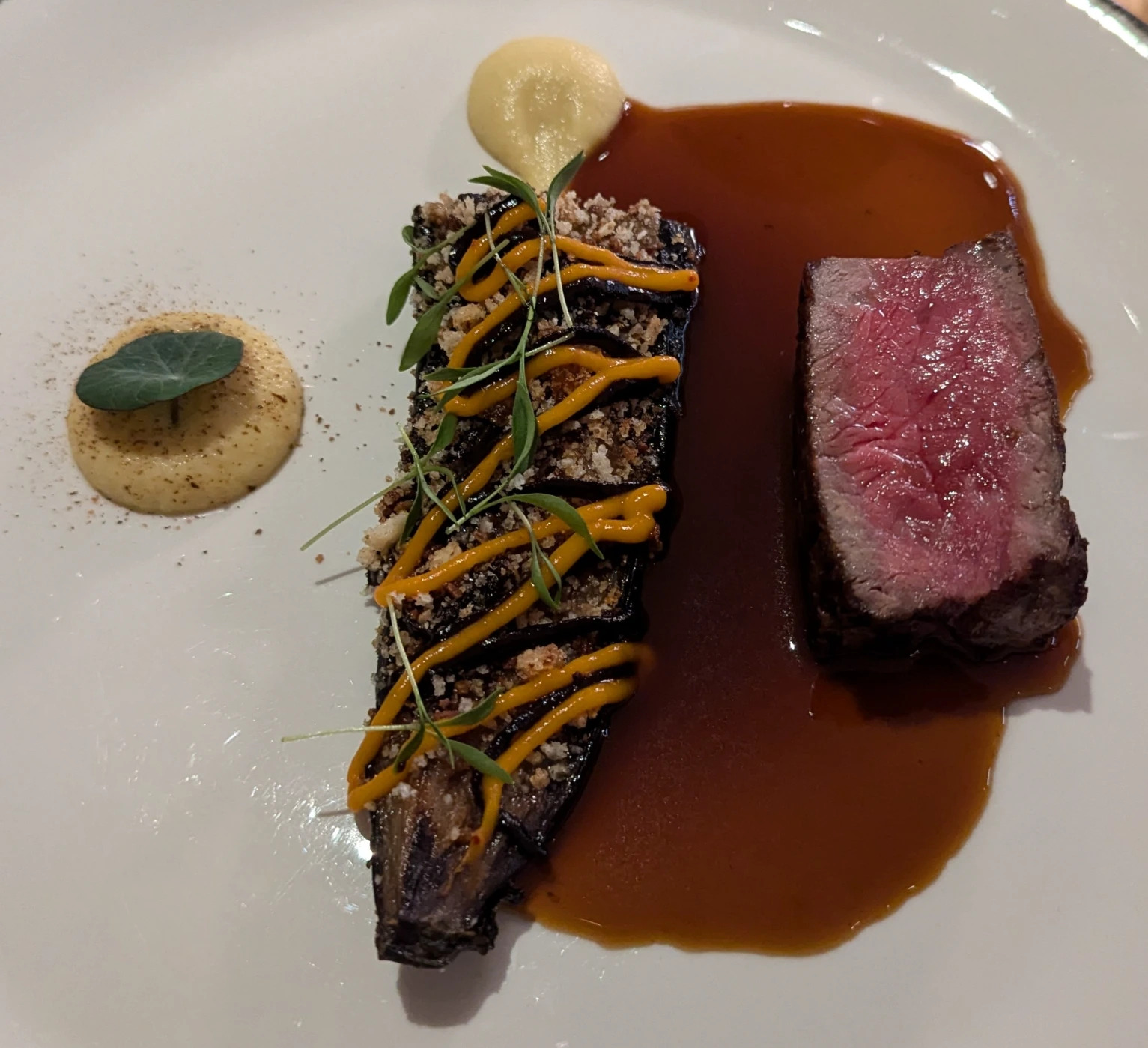Wagyu, BBQ eggplant with miso cream, garlic spread.jpg