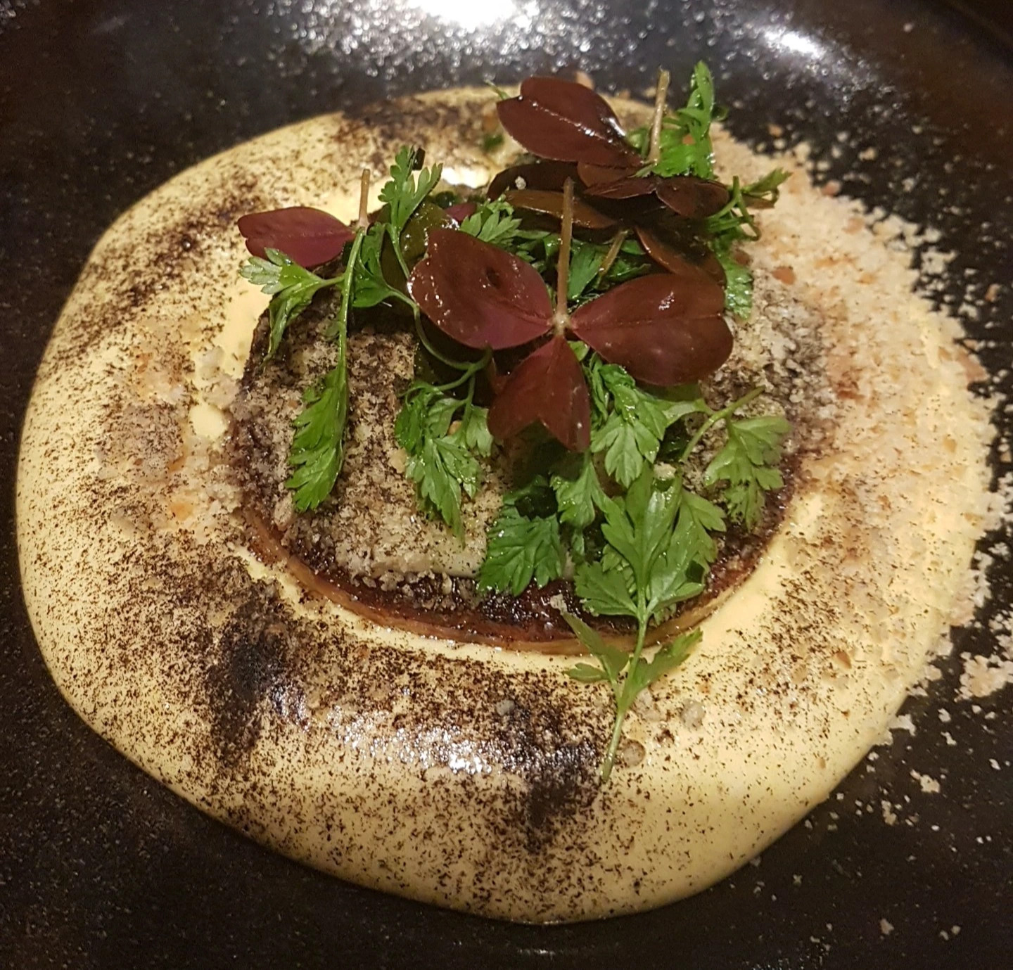 John Dory, Jerusalem Artichoke cloud, burnt eggplant & herbs salad.jpg