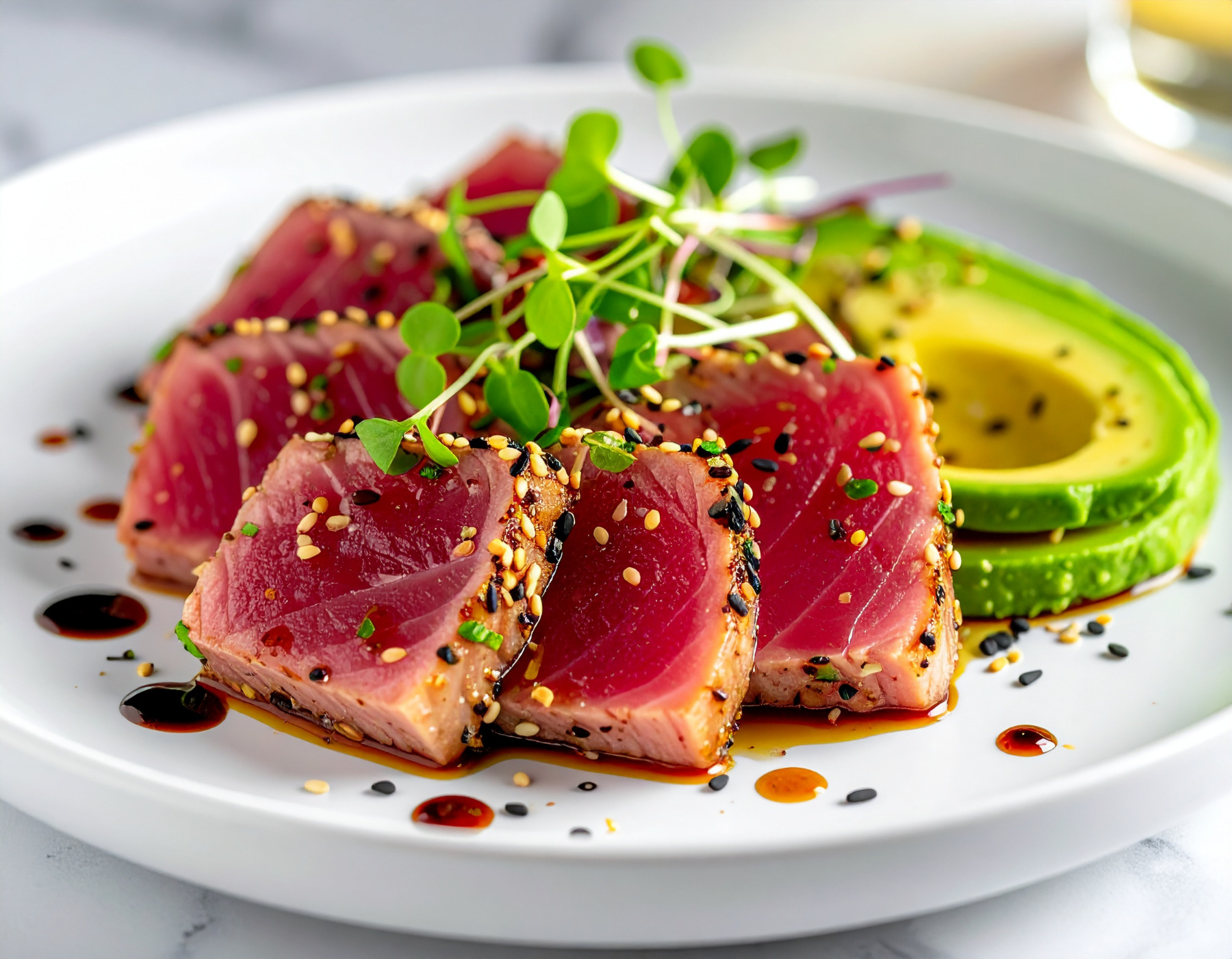 Firefly_Seared tuna tataki slices fanned on a white plate, ponzu sauce drops, toasted sesame  150806.jpg