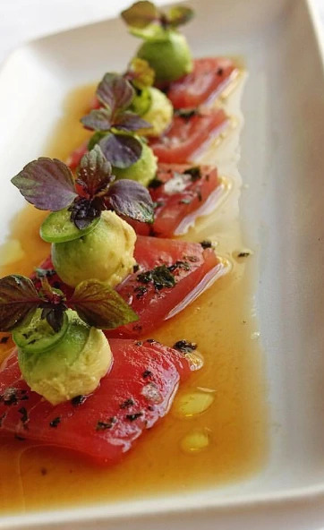 Yellowfin , yuzu-dashi, , avocado, red shiso.PNG Yellowfin , yuzu-dashi, , avocado, red shiso.PNG