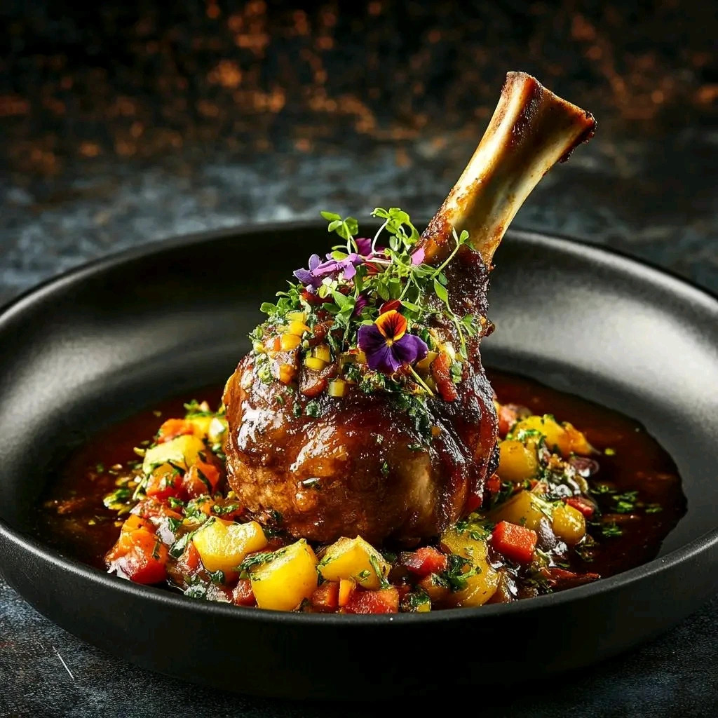 Braised Lamb Shank served with a vegetable ragout and red wine reduction