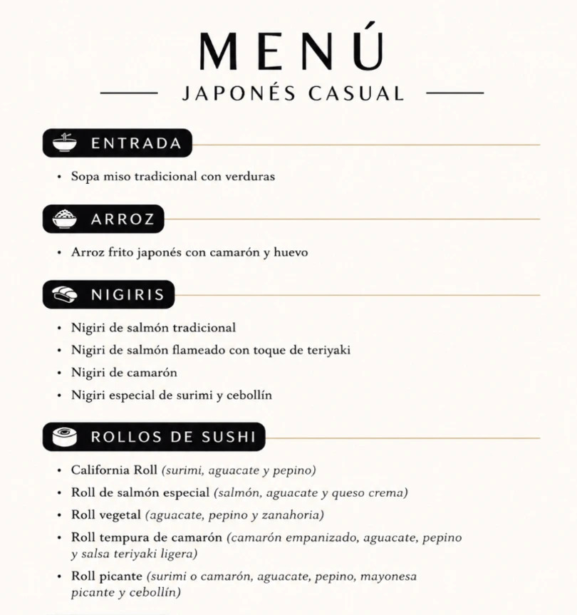 Menú japonesa casual