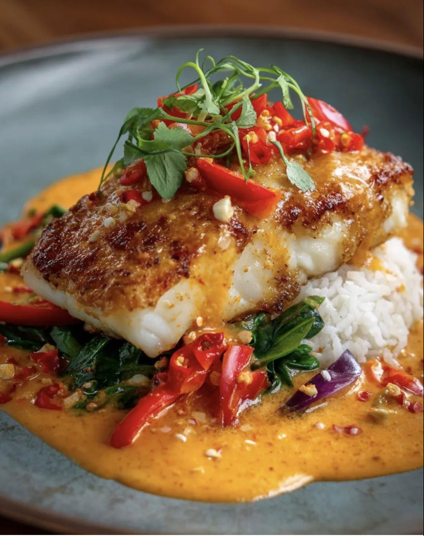 Thai-style tropical grouper with spicy coconut sauce.