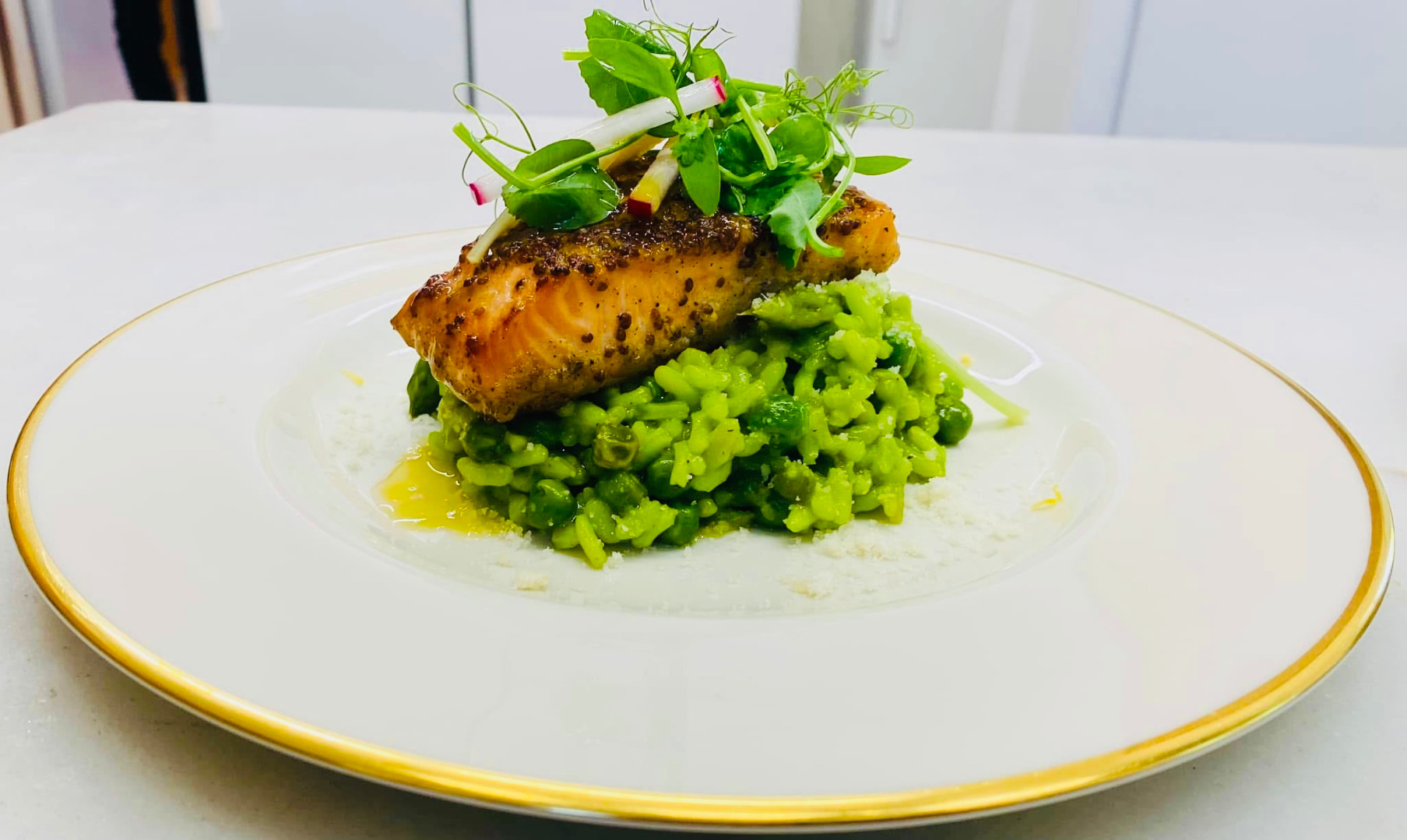 Risotto verde with baked salmon