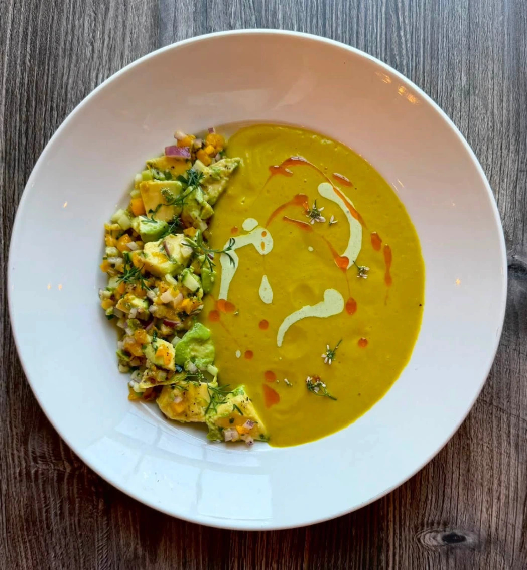 Yellow tomato gazpacho- pice de gallo, lime crema, avocado.jpg Yellow tomato gazpacho- pice de gallo, lime crema, avocado.jpg