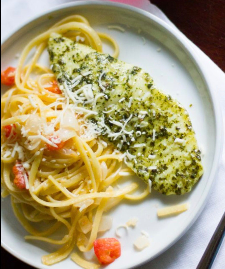 Tilapia al Limone with Pesto Fettuccine