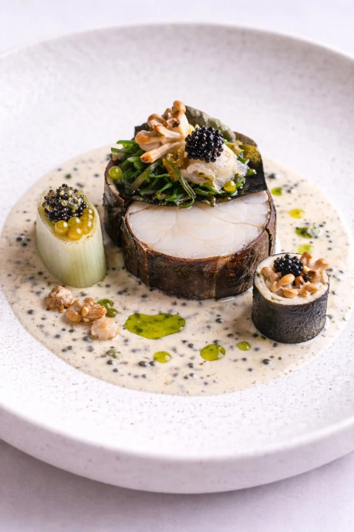Poached John Dory Fish with Braised Leeks, Wild Mushroom Velouté, and Caviar Sauce