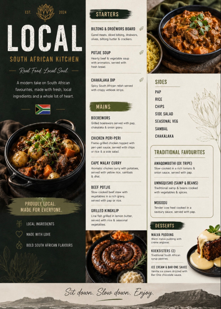 The Local south african style menu