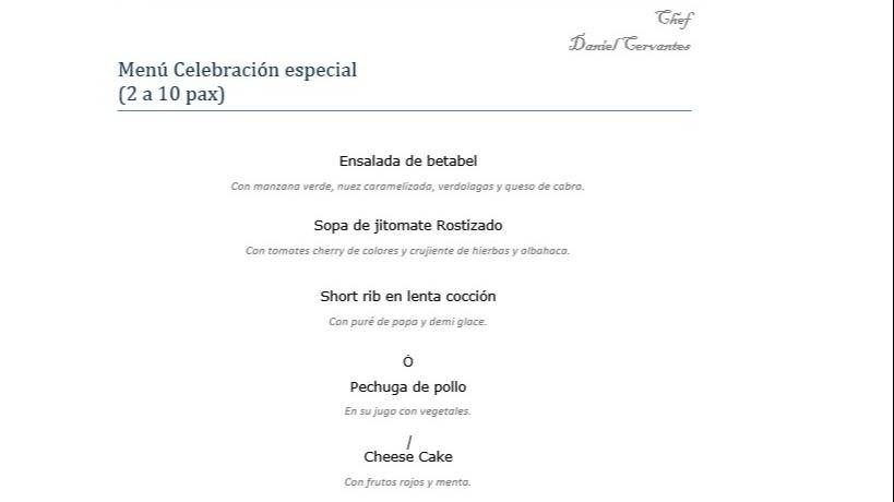 Menú Celebración especial