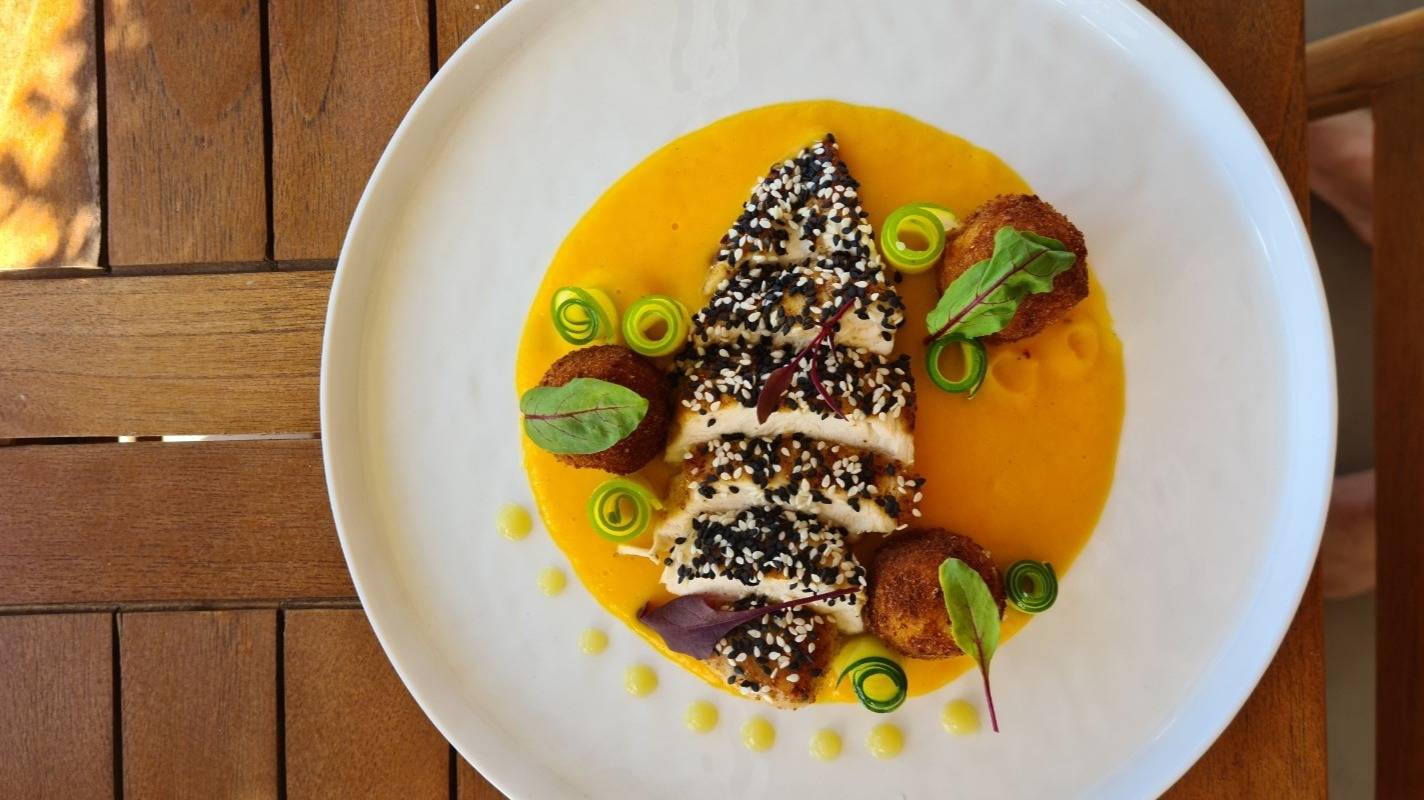 Sesame crusted chicken breast, potato croquettes, zuchhini florettes, butternut puree, lemon puree.jpg
