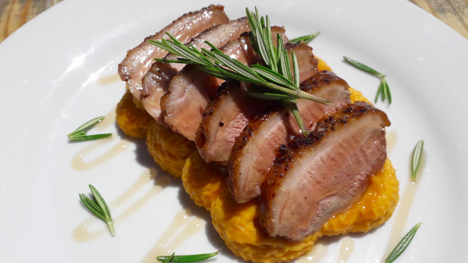 Duck magret with rosemary and port wine reduction served with mashed sweet potatoes.jpg Duck magret with rosemary and port wine reduction served with mashed sweet potatoes.jpg