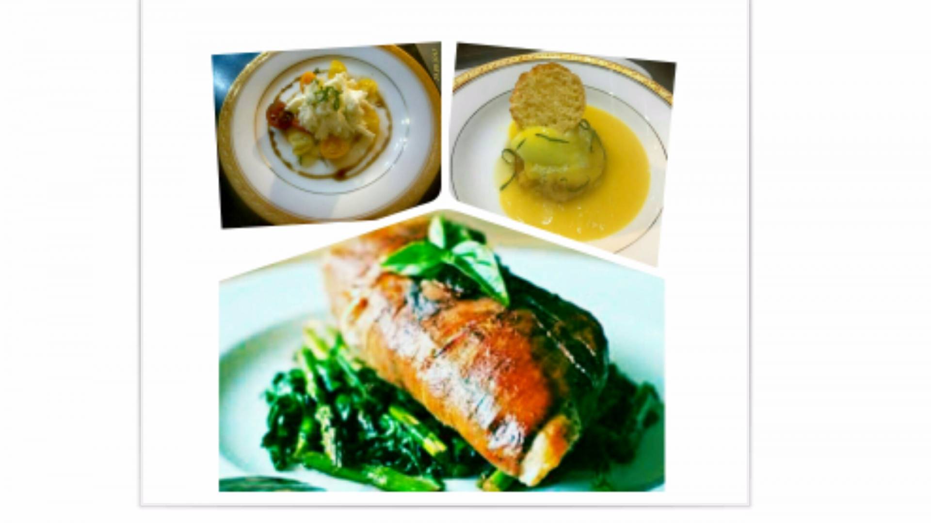 Bufalo mozzarella con chery tomates, pechuga de pollo rellena con Filadelfia, Caramel Piña con sorbe