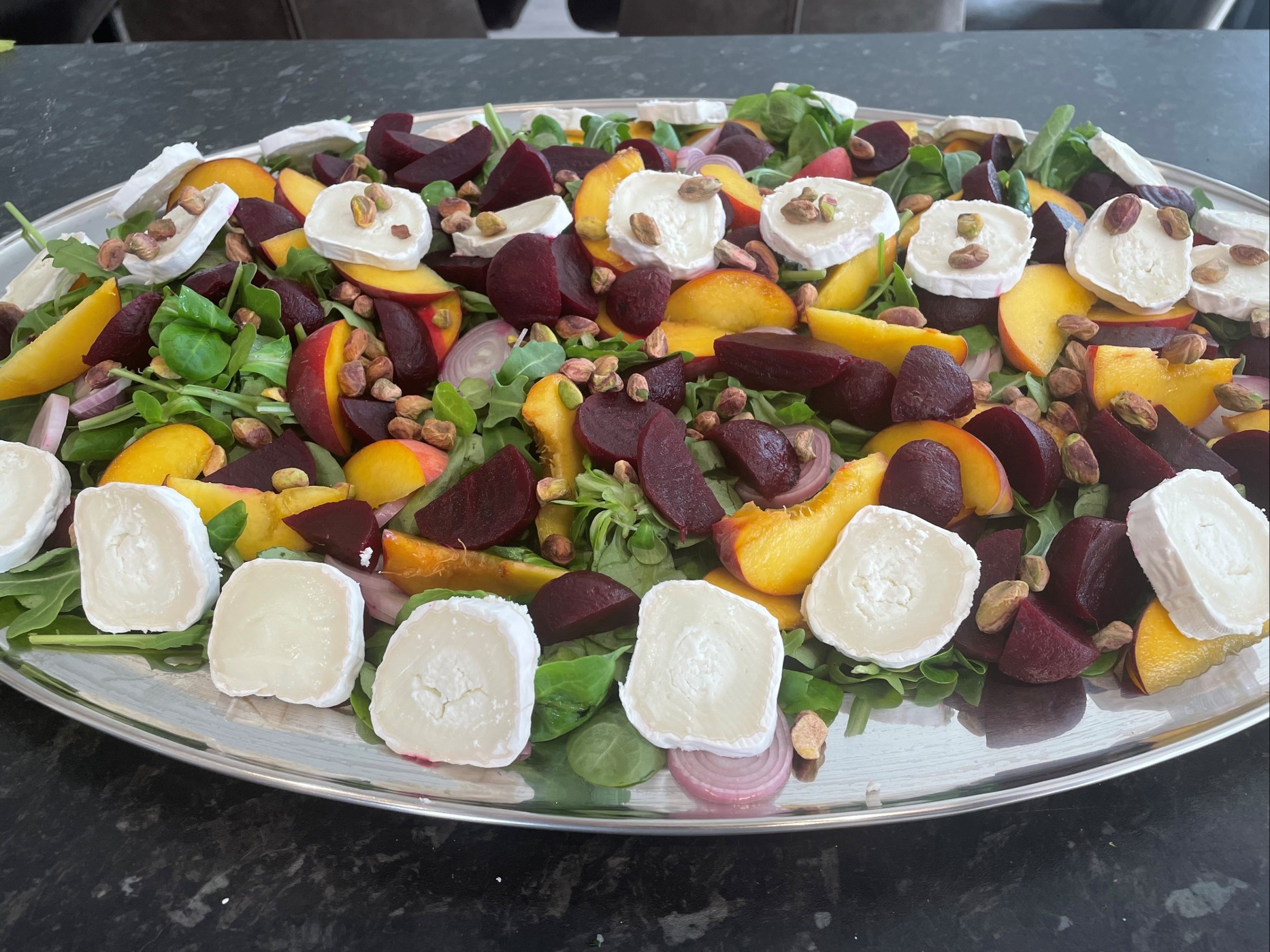 Peach, Beetroom, Goats' Cheese & Pistaccio Salad with a Balsamic and Champagne Dressing.jpg
