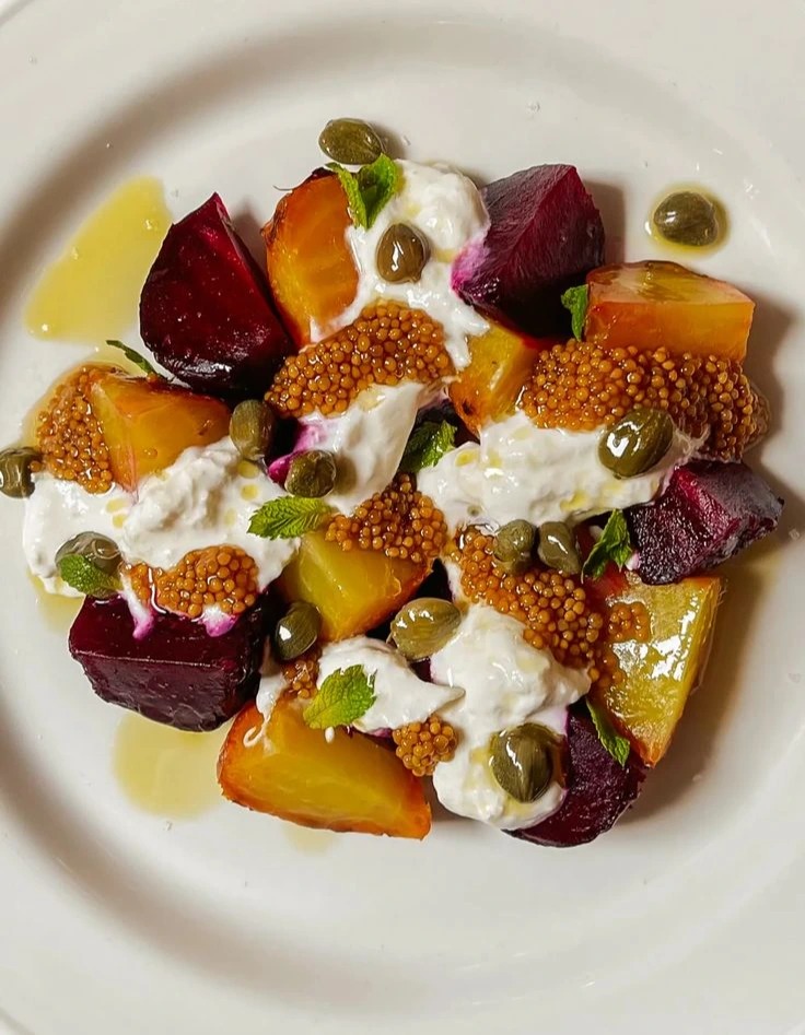 Burrata With Smoked Beets and Pickled Mustard Seeds.jpeg