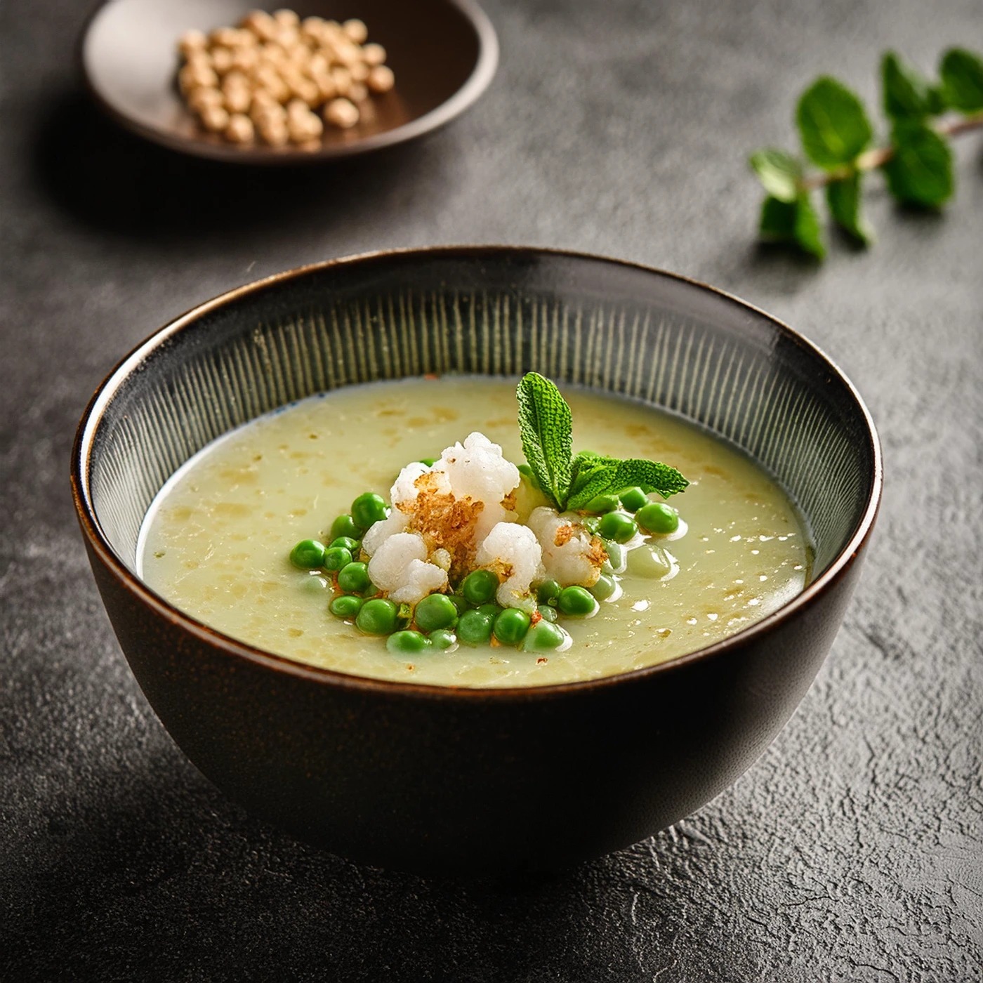 Firefly fine dining, pea and mint soup, puffed barley, deep bowl, moody 82051.jpg