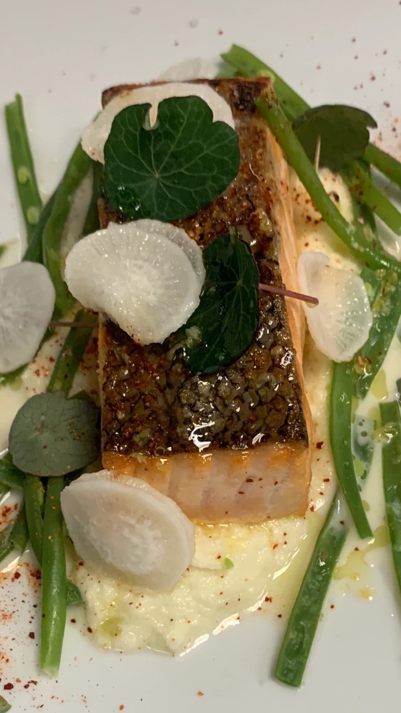saumon,haricot vert,purèè de fenouil et navette pickle.jpeg