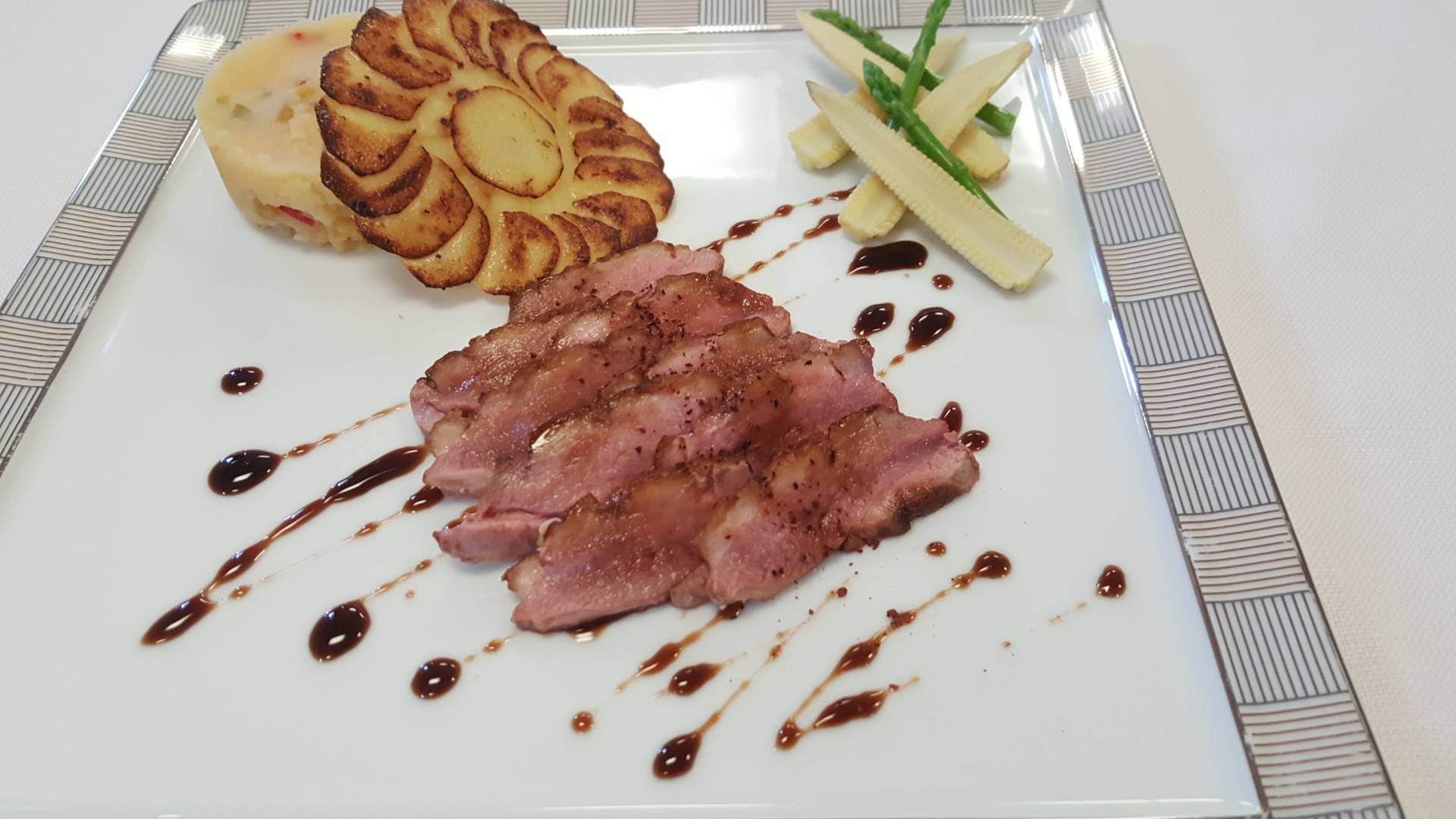 duck magret roasted peppers polenta potato anna and raspberries gastrique.jpg