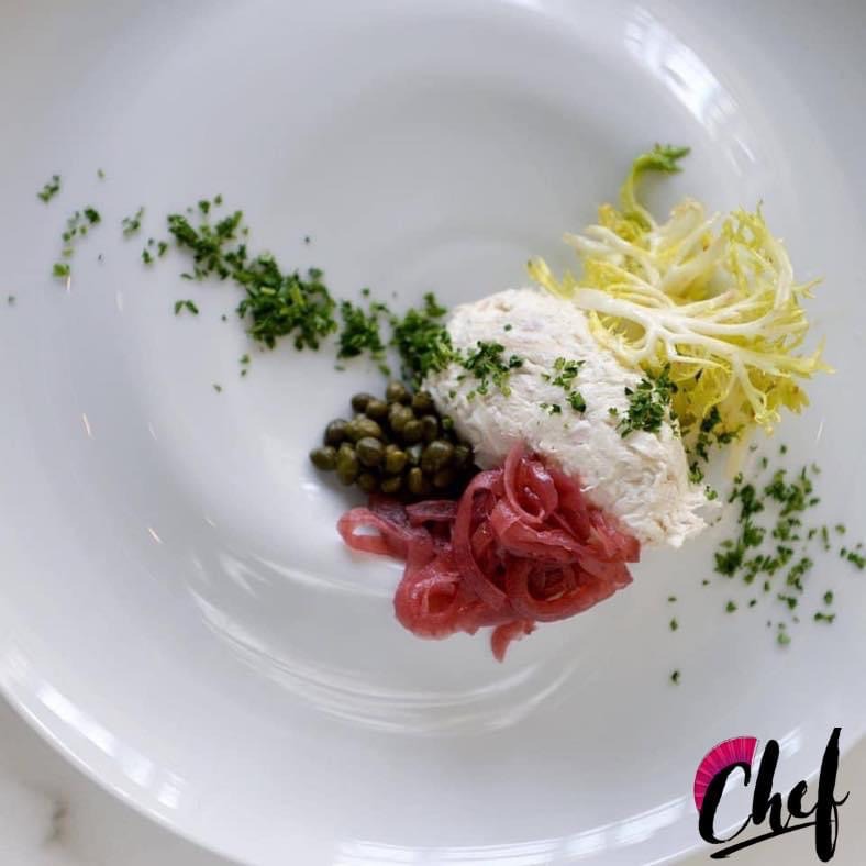 Smoked trout dip; Capers, Pickled Red onions, dressed Frisée, served with everything bagel Lavash.JPG