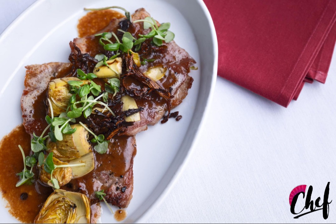 Veal Scaloppini Sage, Dijon, prosciutto, Texas fungus mushrooms, baby artichokes, sherry demi glacé.PNG