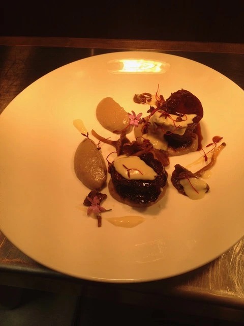 Braised beef tongue,mushroom pure, garlic cream and red wine jus.jpeg