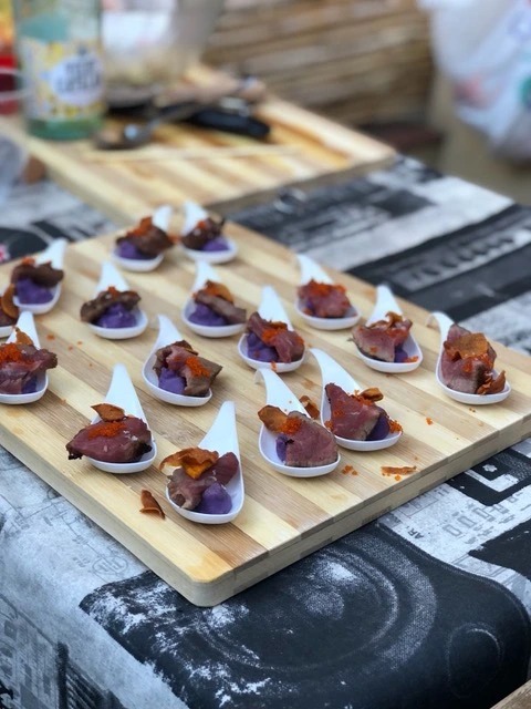 Iberian Pork with smoked purple potato cream,tobiko and sweet potato crisps.JPG
