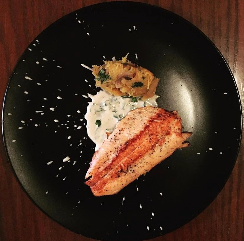 Rainbow trout, Butternut squah, coriander, tahini.jpg