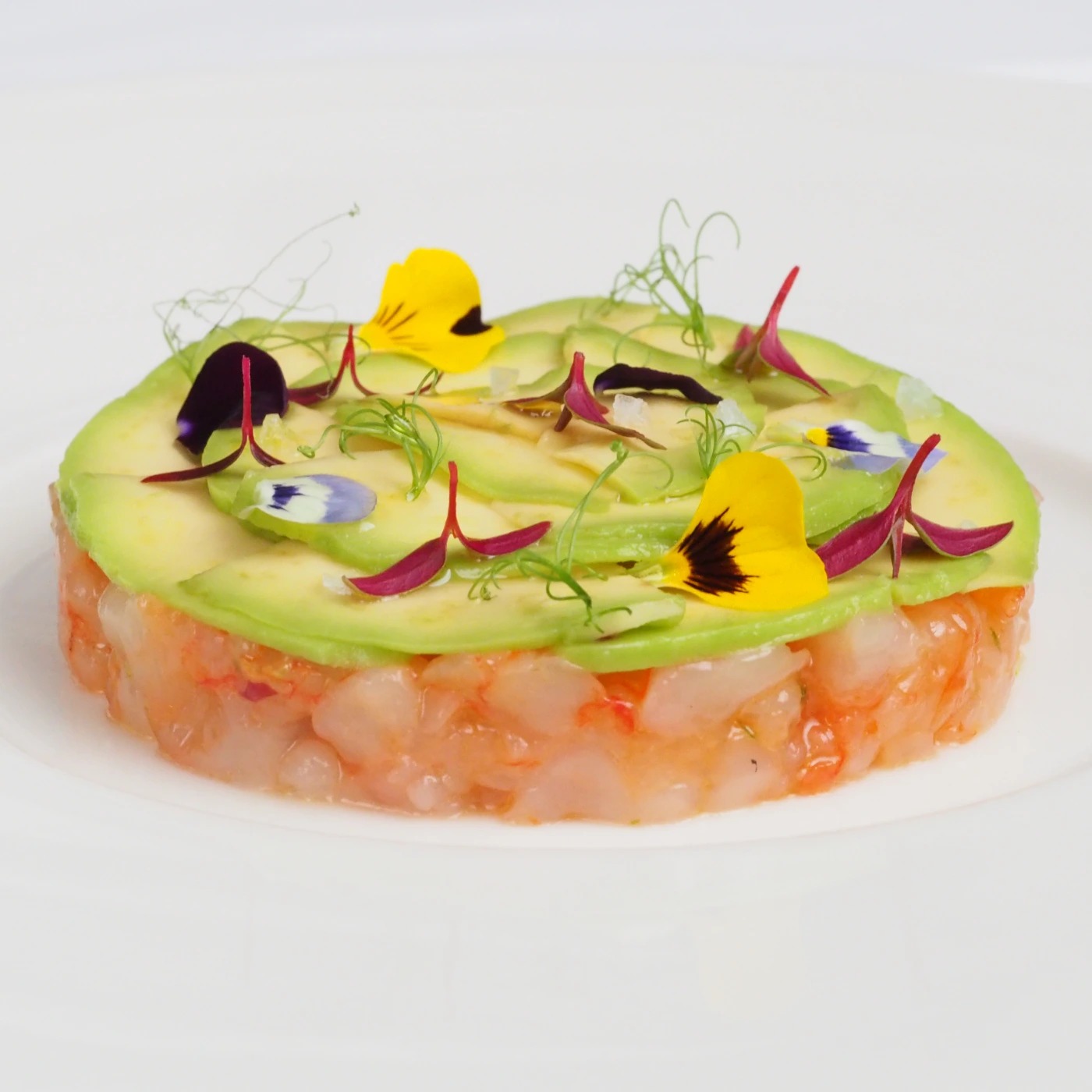 Red shrimps tartare with avocado and flower.JPG