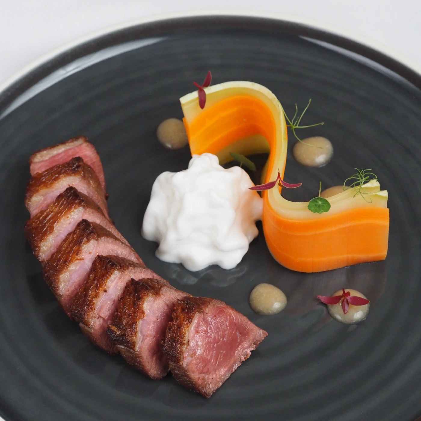 Roasted duck brest, coconut foam and vegetable ceviche.JPG