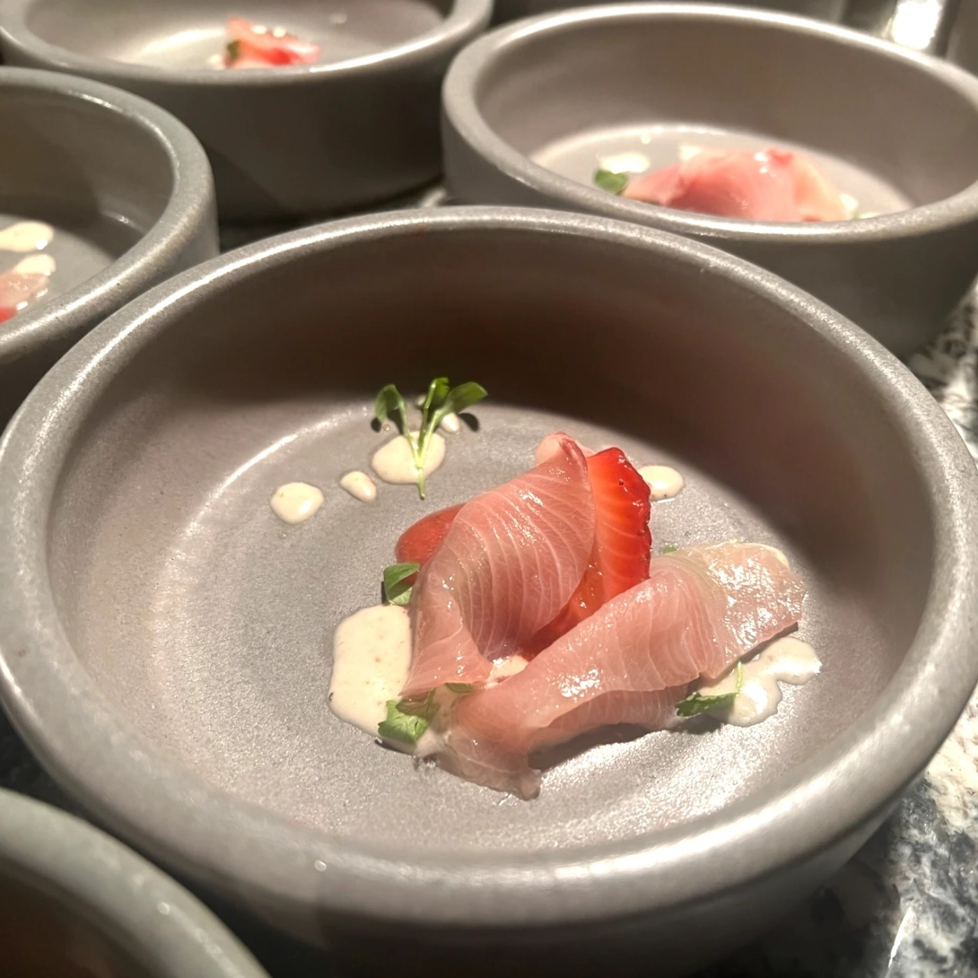 Hamachi pickled strawberries citrus creme fraiche.jpeg