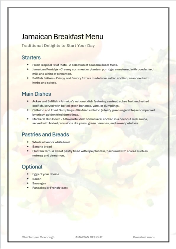 Breakfast menu