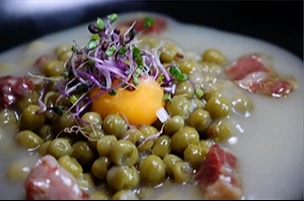 Green peas with quail egg yolk and ham cream.jpg